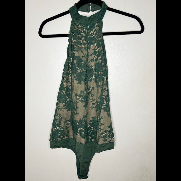 MAJORELLE Sexy Green & Tan Lace Halter Bodysuit Size SMALL - Picture 2 of 4